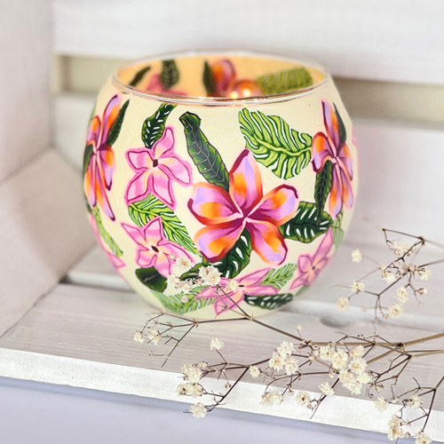 Windlicht Leuchtglas rosa Blüten