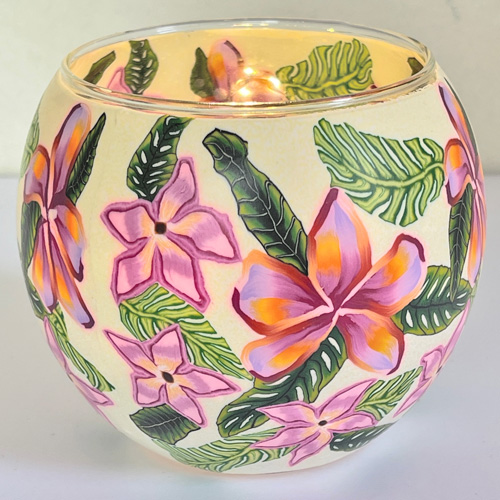 Windlicht Leuchtglas rosa Blüten